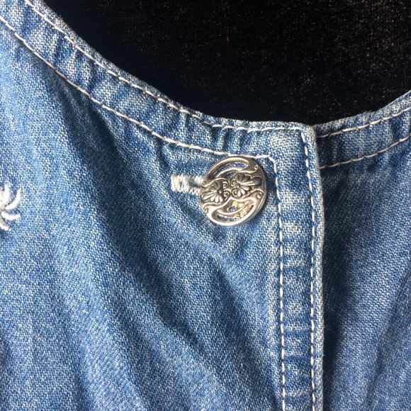 Denim dress with flower embroideries from 90's with art deco buttons up - Picture 2 of 6